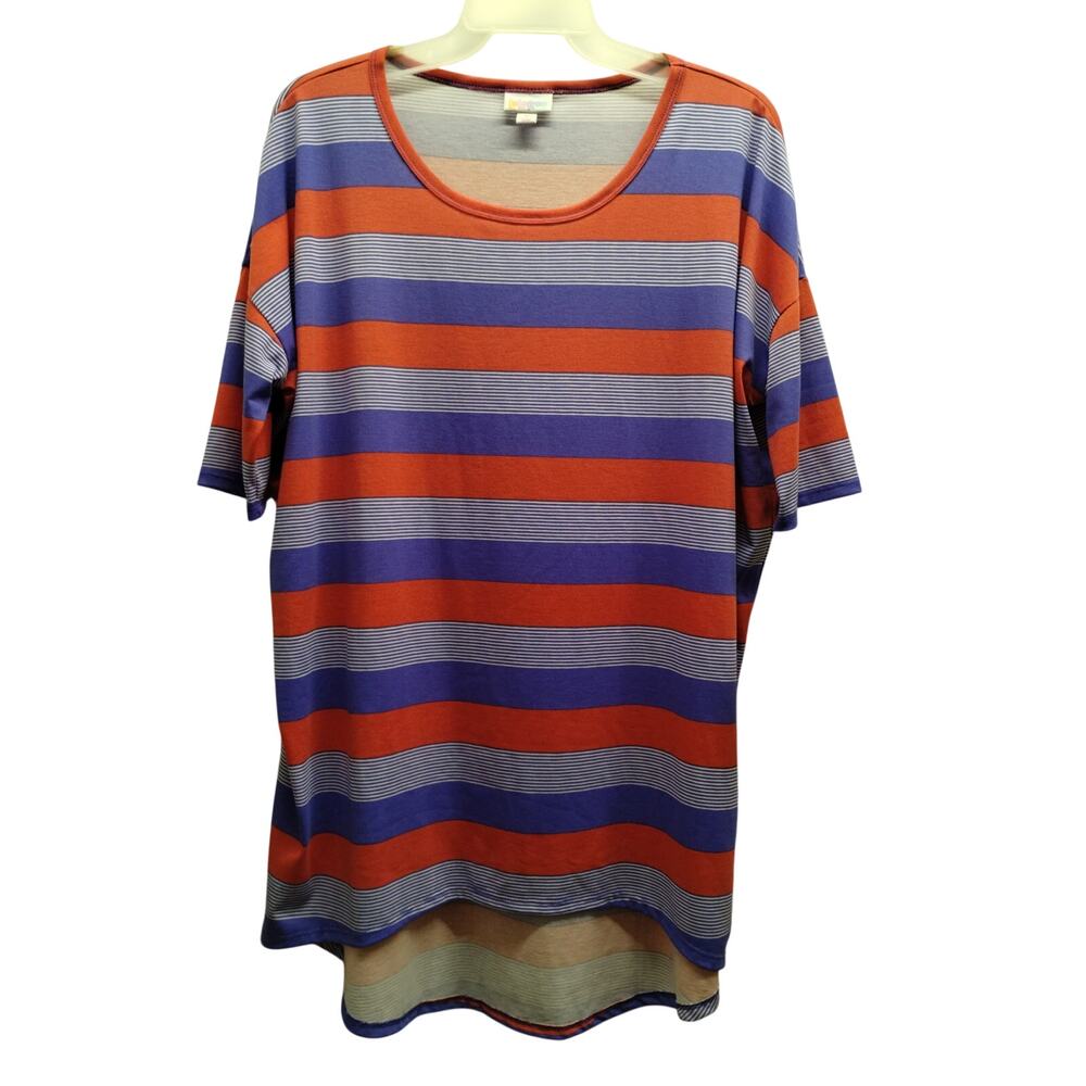 Lularoe NWT Size Medium Irma Orange-Red Purple Striped Elbow Sleeve Tunic Top